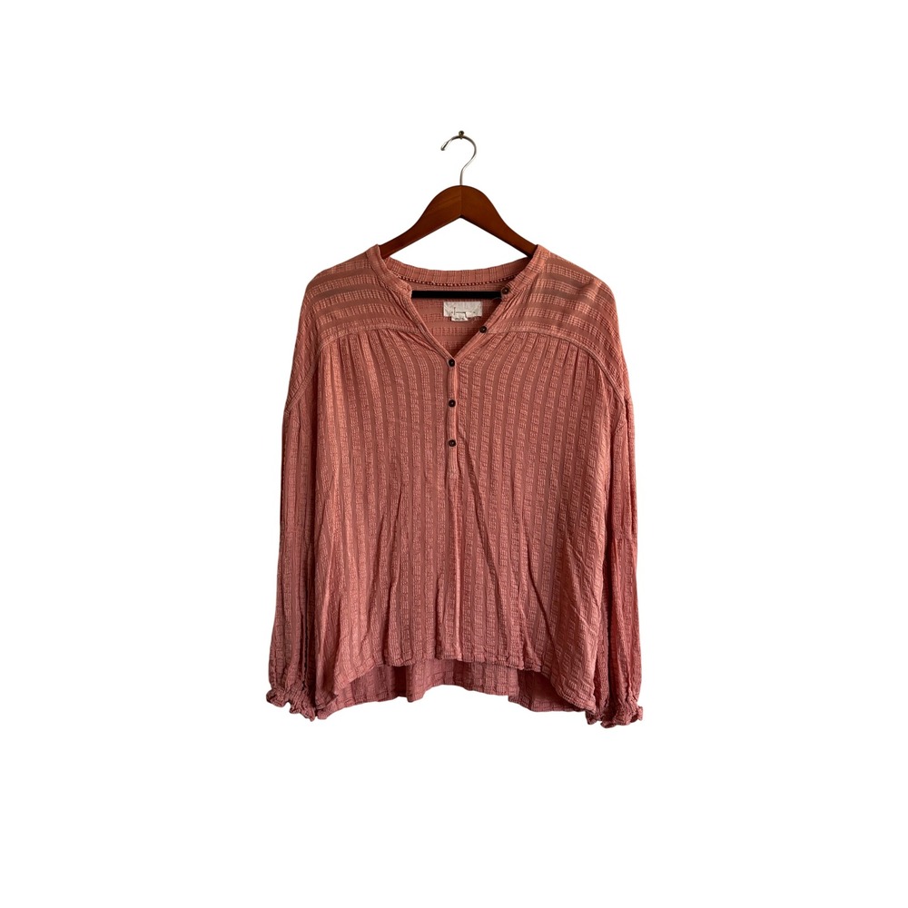 Anthropologie Pink Textured Stripe Henley Blouse Pom Pom Trim L